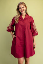 Wine Embroidered 3/4 Length Balloon Sleeve Dress
