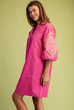 Fuchsia Embroidered 3/4 Length Balloon Sleeve Dress