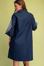 Navy Embroidered 3/4 Length Balloon Sleeve Dress