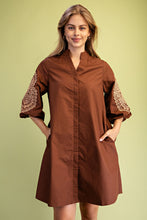 Brown Embroidered 3/4 Length Balloon Sleeve Dress
