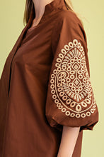 Brown Embroidered 3/4 Length Balloon Sleeve Dress