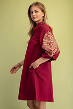 Wine Embroidered 3/4 Length Balloon Sleeve Dress