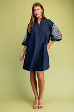 Navy Embroidered 3/4 Length Balloon Sleeve Dress