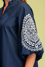 Navy Embroidered 3/4 Length Balloon Sleeve Dress