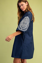 Navy Embroidered 3/4 Length Balloon Sleeve Dress