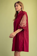 Wine Embroidered 3/4 Length Balloon Sleeve Dress