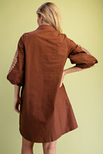 Brown Embroidered 3/4 Length Balloon Sleeve Dress