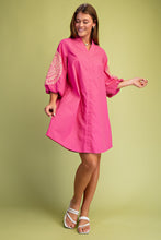 Fuchsia Embroidered 3/4 Length Balloon Sleeve Dress