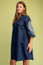 Navy Embroidered 3/4 Length Balloon Sleeve Dress