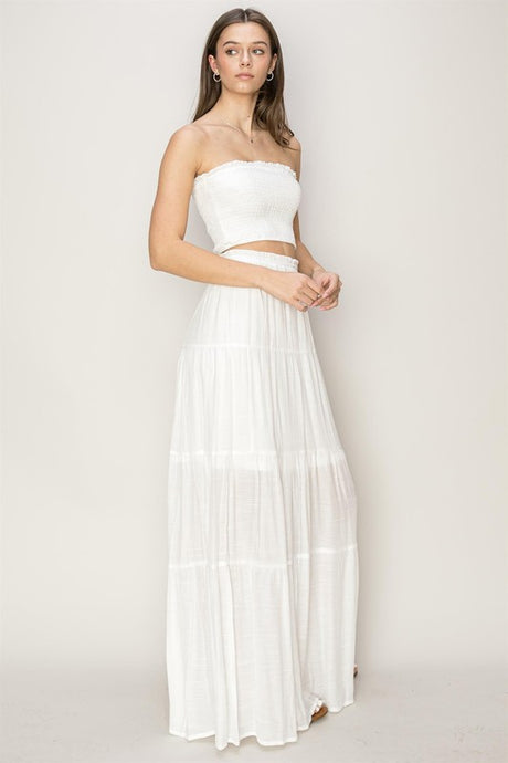Off White Tube Top And Tiered Maxi Skirt Set