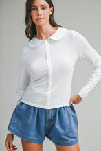 Off White Pointelle Long Sleeve Round Collar Knit Top