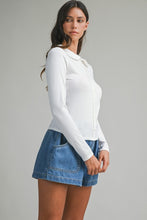 Off White Pointelle Long Sleeve Round Collar Knit Top