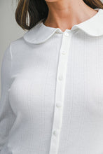 Off White Pointelle Long Sleeve Round Collar Knit Top