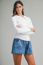 Off White Pointelle Long Sleeve Round Collar Knit Top