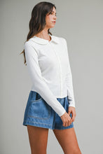 Off White Pointelle Long Sleeve Round Collar Knit Top