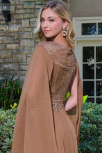 Chocolate Brown Sleeves Bejeweled Bodice Chiffon Skirt A-Line Dress