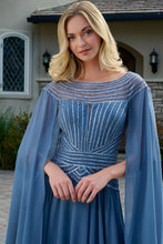 Smoky Blue Sleeves Bejeweled Bodice Chiffon Skirt A-Line Dress