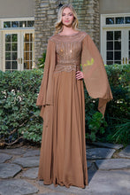 Chocolate Brown Sleeves Bejeweled Bodice Chiffon Skirt A-Line Dress