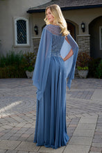Smoky Blue Sleeves Bejeweled Bodice Chiffon Skirt A-Line Dress