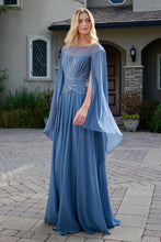 Smoky Blue Sleeves Bejeweled Bodice Chiffon Skirt A-Line Dress