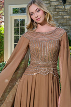 Chocolate Brown Sleeves Bejeweled Bodice Chiffon Skirt A-Line Dress