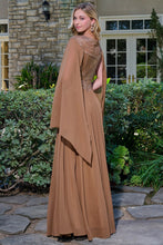 Chocolate Brown Sleeves Bejeweled Bodice Chiffon Skirt A-Line Dress