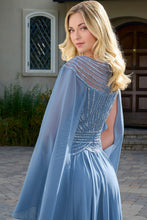 Smoky Blue Sleeves Bejeweled Bodice Chiffon Skirt A-Line Dress