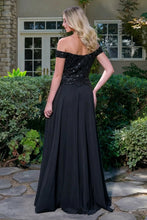 Black Off-Shoulder Straps V-Neckline Bejeweled Bodice Chiffon Skirt A-Line Zipper Dress