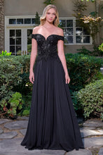 Black Off-Shoulder Straps V-Neckline Bejeweled Bodice Chiffon Skirt A-Line Zipper Dress