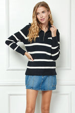 Black Stripe Knit Zip-up High Collared V-neck Sweater