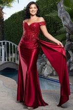 Burgundy Off The Shoulder Lace Top Stretch Satin Sheath Dress