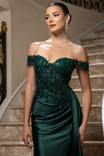 Hunter Green Off The Shoulder Lace Top Stretch Satin Sheath Dress
