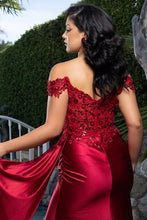 Burgundy Off The Shoulder Lace Top Stretch Satin Sheath Dress