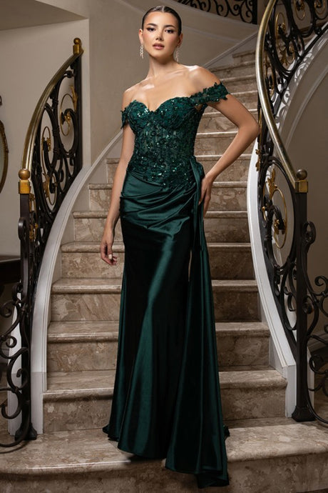 Hunter Green Off The Shoulder Lace Top Stretch Satin Sheath Dress