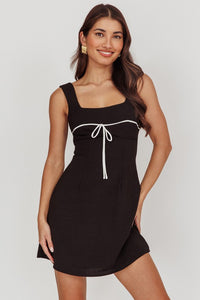 Black Square Neck Front Tie Mini Dress