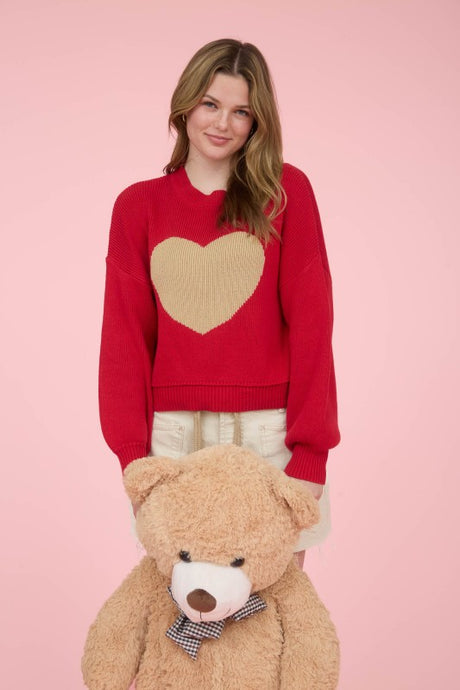 Red Heart Jacquard Crew Neck Knit Pullover Sweater