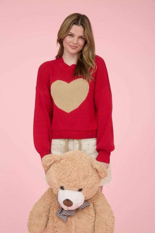 Red Heart Jacquard Crew Neck Knit Pullover Sweater