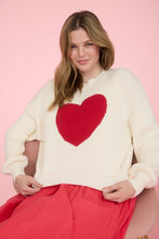 Ivory Heart Jacquard Crew Neck Knit Pullover Sweater