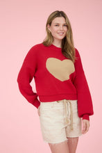 Red Heart Jacquard Crew Neck Knit Pullover Sweater
