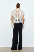 White Sheer Floral Stripe Print Ruffle Blouse