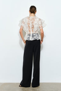 White Sheer Floral Stripe Print Ruffle Blouse