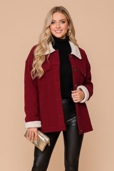 Burgundy Cozy Corduroy Oversized Jacket With Sherpa Detail