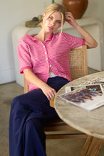 Hot Pink Striped Short Sleeve Button Cardigan