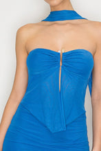 Blue Strapless Bodycon Solid Mesh Mini Dress