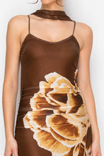 Brown Eclipse Scarf Rouched Mesh Print Maxi Dress