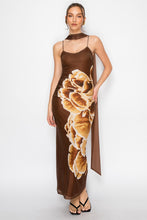 Brown Eclipse Scarf Rouched Mesh Print Maxi Dress