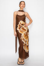 Brown Eclipse Scarf Rouched Mesh Print Maxi Dress