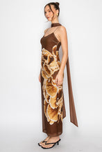 Brown Eclipse Scarf Rouched Mesh Print Maxi Dress