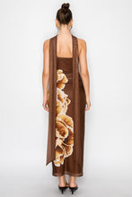 Brown Eclipse Scarf Rouched Mesh Print Maxi Dress