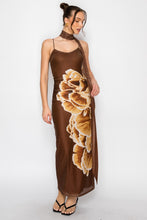 Brown Eclipse Scarf Rouched Mesh Print Maxi Dress